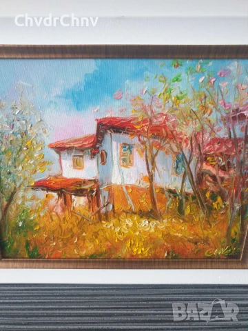 Димитър Генев 33x27см/малка българска картина масло върху платно/стара селска къща, снимка 2 - Картини - 51153027