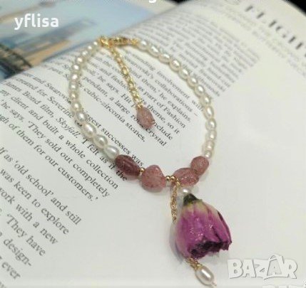 Бутикова гривна от естествени перли с роза, снимка 2 - Гривни - 28486504