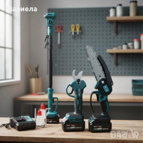 Комплект 3 в 1 от акумулаторна лозарска ножица, акумулаторен мини верижен трион и телескопичен прът, снимка 2 - Други инструменти - 53350584