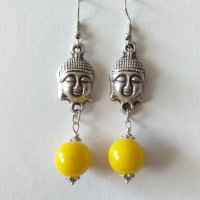 Красив комплект бижута Буда с жълти порцеланови мъниста и медальони в цвят сребро , снимка 2 - Бижутерийни комплекти - 33348065