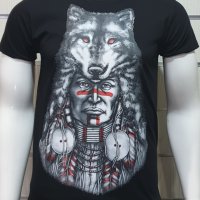 Нова мъжка тениска с трансферен печат Вълк Индианец, Серия вълци, снимка 5 - Тениски - 27554737
