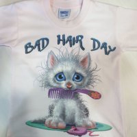 Нова детска тениска с трансферен печат Котенце Bad Hair Day, снимка 5 - Детски тениски и потници - 28462357