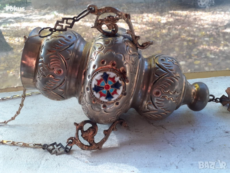 Старо висящо голямо кандило с емайл кадило тамянник, снимка 1