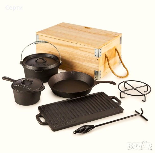 BBQ-Toro Комплект холандска фурна от 7 части с дървена кутия и много аксесоари за чугунена скара, снимка 1