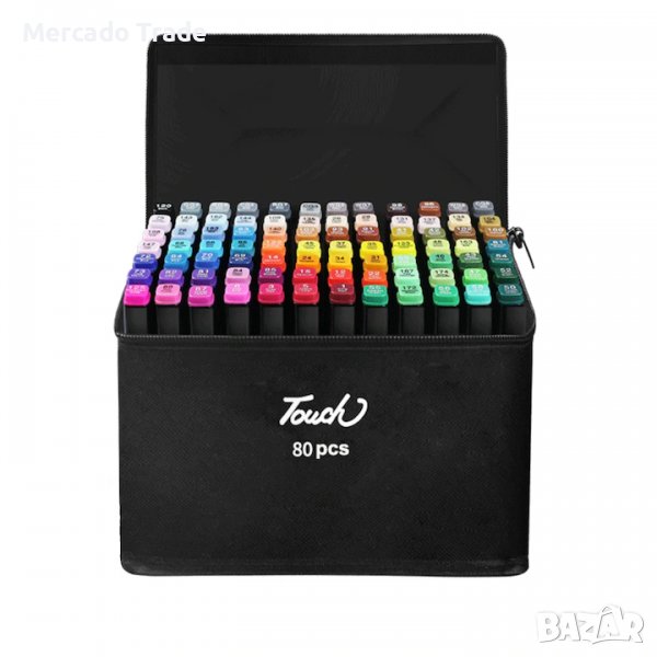 Комплект маркери за рисуване в калъф, двустранни, 80бр., снимка 1