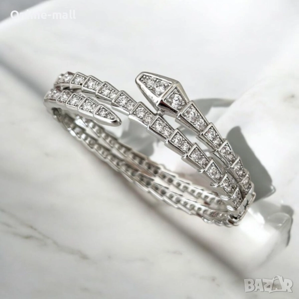 Луксозна гривна Змия с кристали медицинска стомана, сребриста, златист, снимка 1