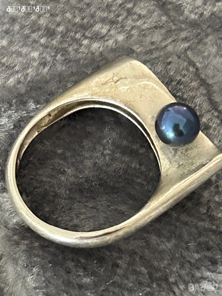 Марков сребърен пръстен с натурална морска черна перла Misaki , снимка 1