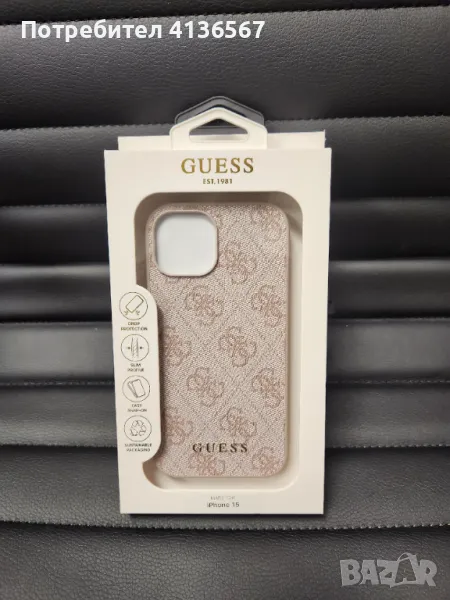 Защитен калъф Guess с метално лого PU, за iPhone15, розов, снимка 1