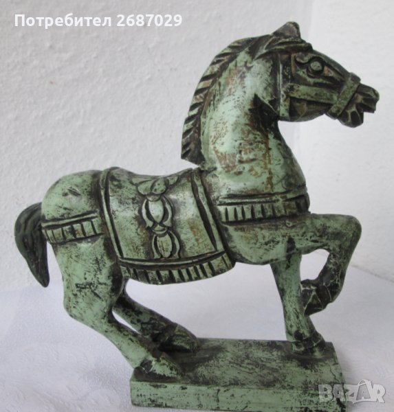 дървен зелен Кон, фигура дърворезба, пластика от дърво, снимка 1