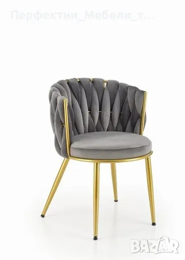 Луксозен стол кресло златни крака в сива нежна дамаска налични, снимка 1