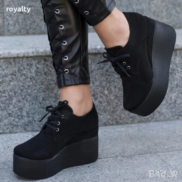 Обувки на платформа - черен велур - 120K, снимка 1