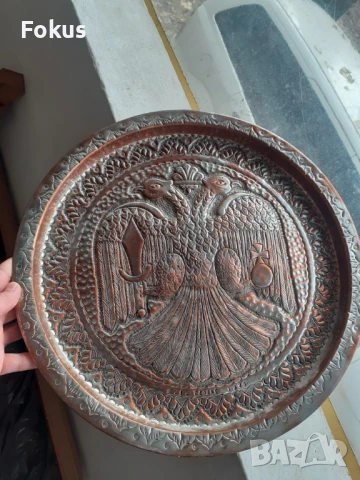 Голяма медна тава поднос с двуглав орел, снимка 6 - Антикварни и старинни предмети - 50999204