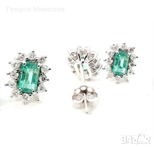 Обеци и колие 18к бяло злато изумруд и диаманти , снимка 2 - Обеци - 52374688