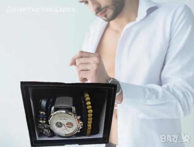 Стилен мъжки часовник в комплект с гривни, снимка 4 - Мъжки - 48683002
