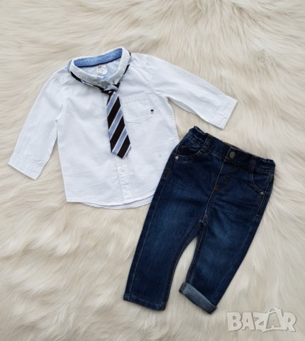 Детски официален комплект 6-9 месеца дънки риза и вратовръзка, снимка 2 - Комплекти за бебе - 40774830