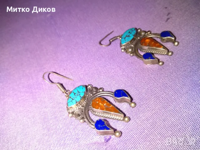 Обеци с непалски тибетски тюркоаз и коралови камъни Ръката на Фатима емайл нови, снимка 7 - Обеци - 49923608