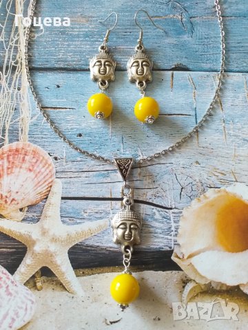 Красив комплект бижута Буда с жълти порцеланови мъниста и медальони в цвят сребро , снимка 4 - Бижутерийни комплекти - 33348065