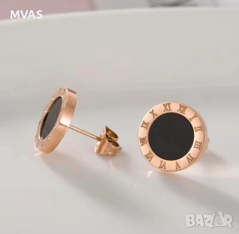 Нови дамски кръгли обеци Zara дизайн черни с розово злато