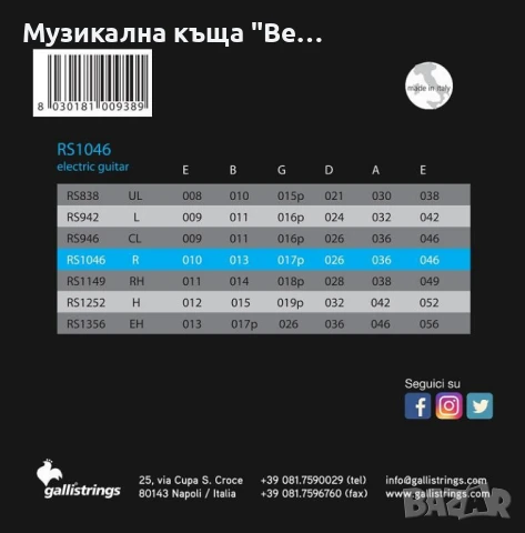 Комплект струни за ел. китара GALLI RS-1046, снимка 2 - Китари - 50710034