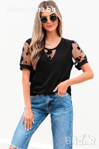 Дамска блуза в черно с детайли от флорален тюл, снимка 6 - Други - 50081862