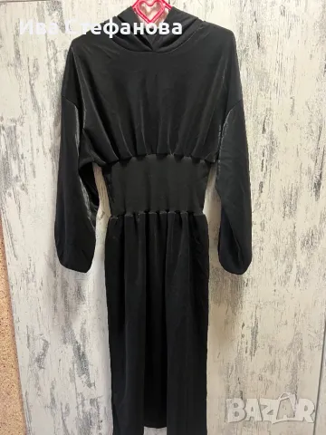 Нова дълга черна прилеп ръкав еластична спортна елегантна рокля качулка памук памучна , снимка 2 - Рокли - 48816758