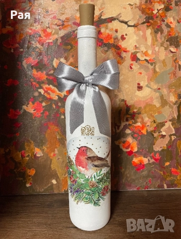 Коледна декупаж бутилка с LED, снимка 6 - Декорация за дома - 52818679
