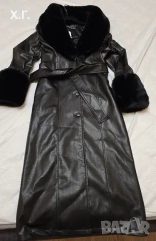 Дълго палто от еко кожа с пух на яката и ръкавите, снимка 2 - Палта, манта - 48101324