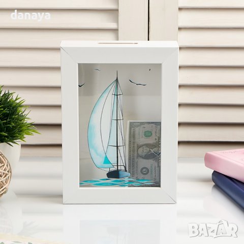 4305 Дървена спестовна касичка Платноход, снимка 2 - Декорация за дома - 43366637