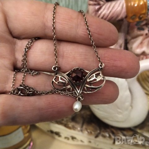 Авторска стара огърлица ,сребро ,позлата ,рубин ,перла НАМАЛЕНИЕ , снимка 2 - Колиета, медальони, синджири - 38830827