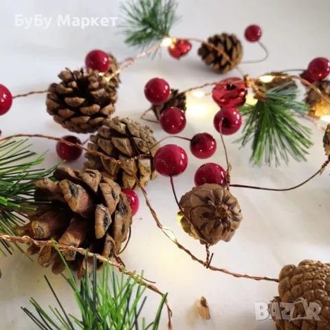 Светеща коледна украса с LED светлини, шишарки и борови клонки, снимка 3 - Други - 48003279