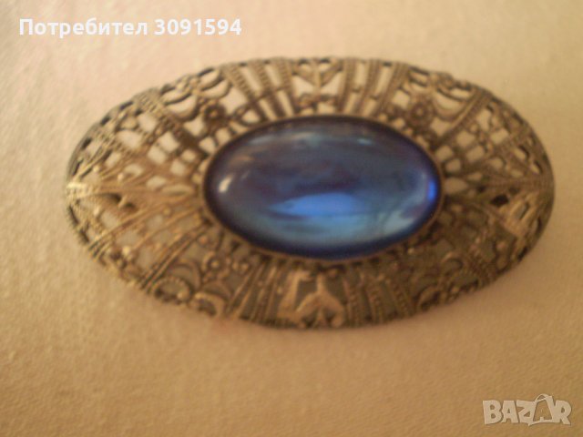 брошка Чешко стъкло с цвят синьо и филигранн 1920г , снимка 11 - Антикварни и старинни предмети - 38686508