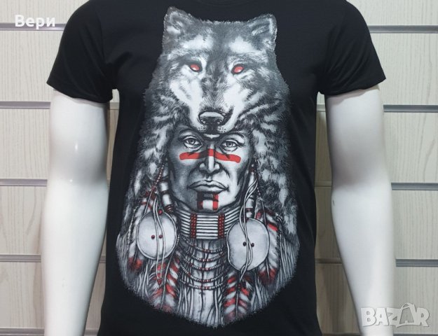 Нова мъжка тениска с трансферен печат Вълк Индианец, Серия вълци, снимка 5 - Тениски - 27554737