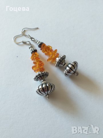 Прелестни обици с Балтийски Кехлибар цвят коняк и красиви орнаменти в цвят Сребро стил Антик 