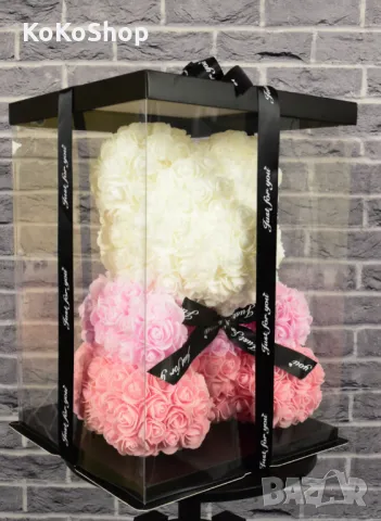 Мече от рози в три цвята-40 см./мече от рози в бяло,розово и цикламено, снимка 2 - Декорация за дома - 49465003