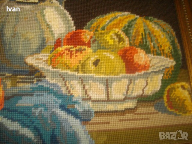 Голям Немски Гоблен-615х525мм-Натюрморт-Плодове-DMC Конци-Ръчно Нашиван-Рамкиран, снимка 10 - Гоблени - 37043153