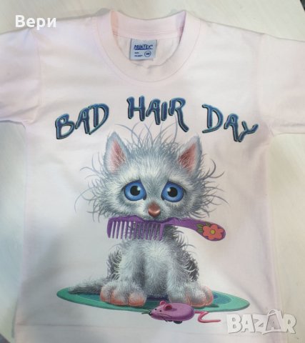 Нова детска тениска с трансферен печат Котенце Bad Hair Day, снимка 5 - Детски тениски и потници - 28462357