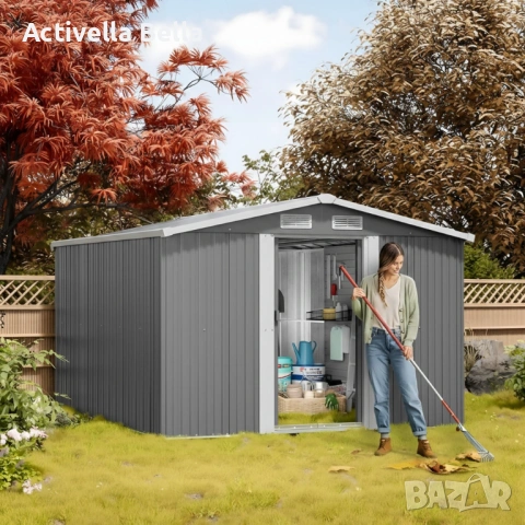 Метална градинска къща за инструменти с вентилация и заключване - 277 × 299 × 192 см