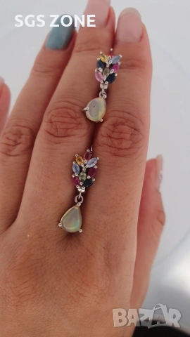 Сребърни обеци с многоцветен сапфир и опал от Тайланд, снимка 3 - Обеци - 53440822