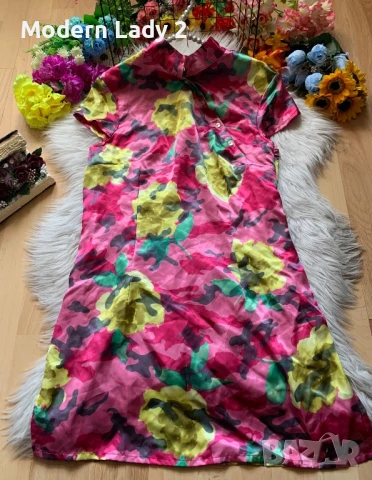 Цикламена сатенена рокля тип кимоно, снимка 2 - Рокли - 50999674