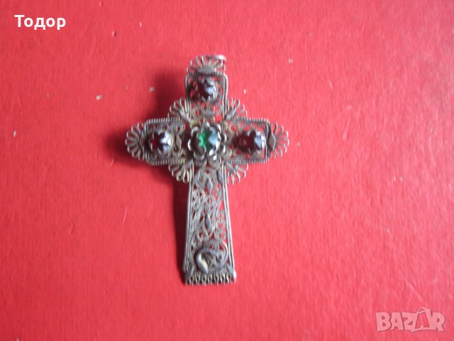 Уникален възрожденски сребърен кръст с камъни филигран, снимка 6 - Колекции - 35101811