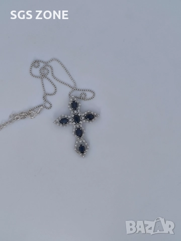 сребърен кръст с естествен син сапфир, снимка 4 - Колиета, медальони, синджири - 52392866