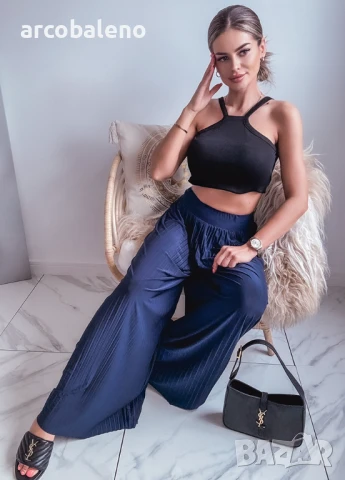 Тъмносини плисирани широки панталони, снимка 4 - Панталони - 51159321