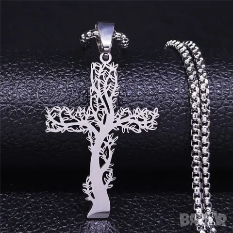 Дамско колие с висулка „Дървото на живота във форма на кръст“ – сребристо, от неръждаема стомана