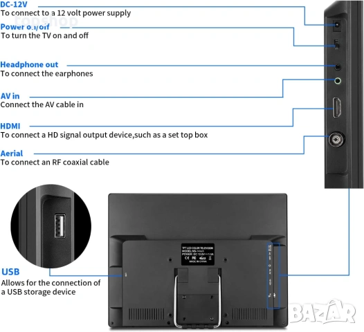 Преносим телевизор KCR, Freeview DVB-T2 12V, акумулаторна батерия, USB порт, жак за слушалки, дистан, снимка 3 - Телевизори - 53167938
