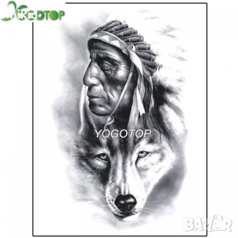Индианец с вълк Временни татоси tattoo татуйровка временна татуировка татос татус Tattoo, снимка 2 - Други - 33512560