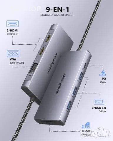 USB C докинг станция, 2 HDMI, VGA, 3 USB 3.0, SD/TF, 100 W, снимка 5 - Кабели и адаптери - 49457626