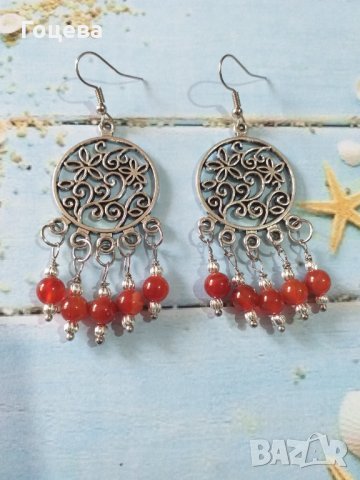 Красиви Бохо обици с камъни Корнеол и орнаментирана основа в цвят Сребро , снимка 2 - Обеци - 32867173