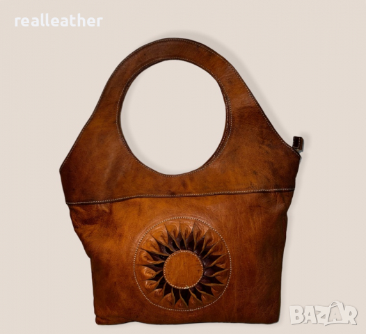 Дамска арт чанта със слънце от естествена кожа в кафяво