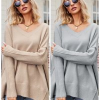 Дамски моден с голям размер секси пуловер с V-образно деколте, 2цвята - 023 , снимка 1 - Блузи с дълъг ръкав и пуловери - 43204764
