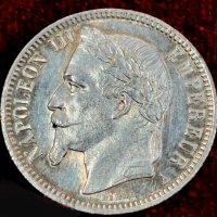 Франция 1 франк 1868 UNC,сребърна монета, снимка 2 - Нумизматика и бонистика - 37019350